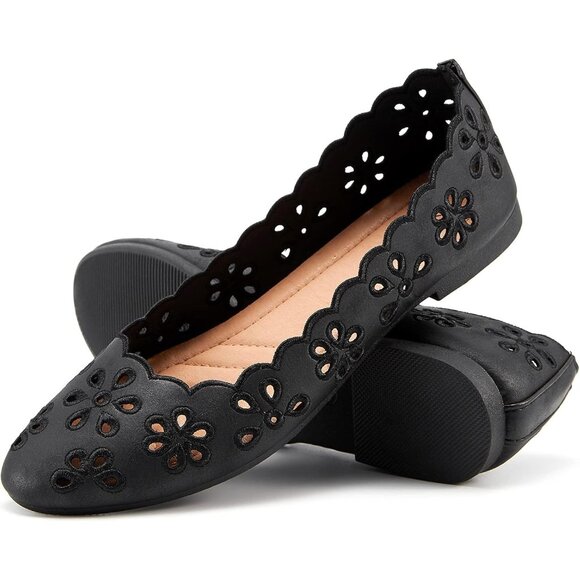 Women's Ballet Flats Black PU Leather Dress Shoes Comfortable Round Toe Slip - Picture 1 of 6